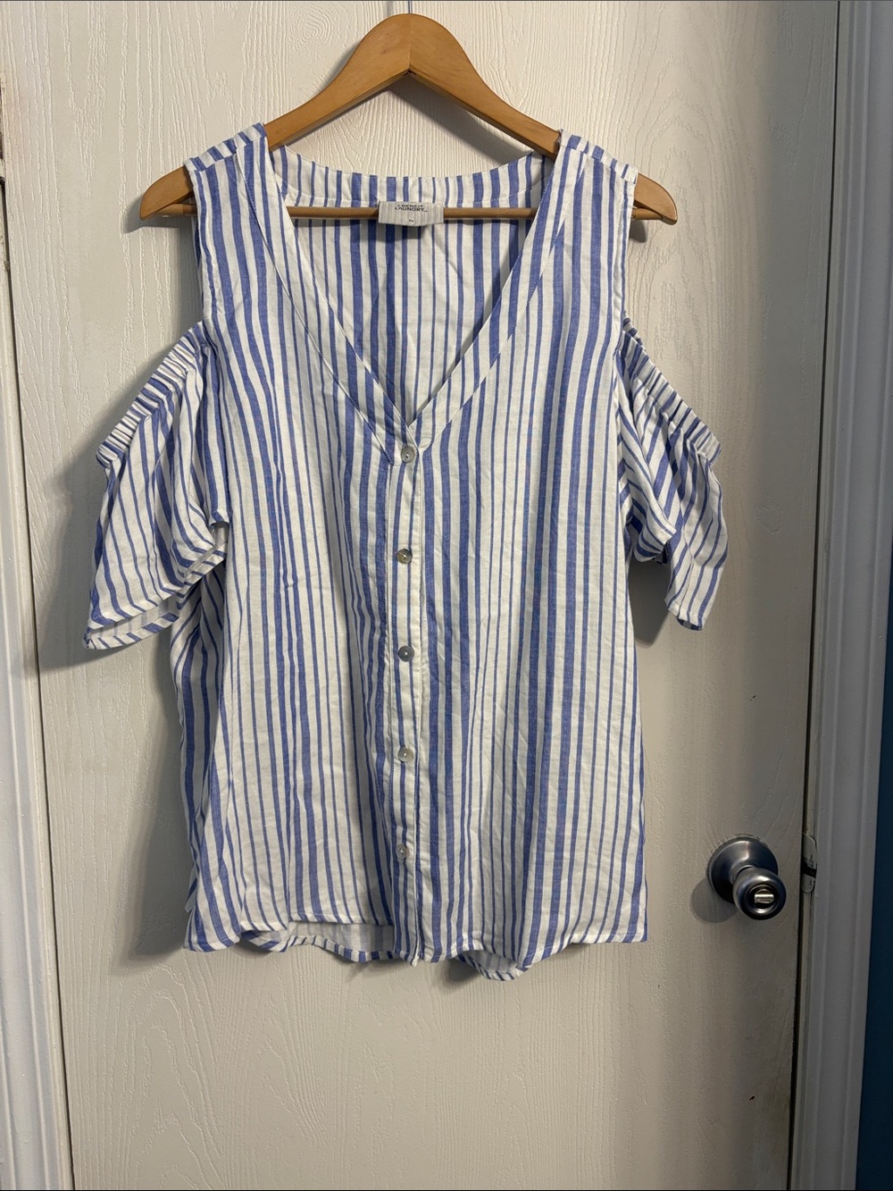 French Laundry Blue and White Striped Cold-Shoulder Button-Down Top
